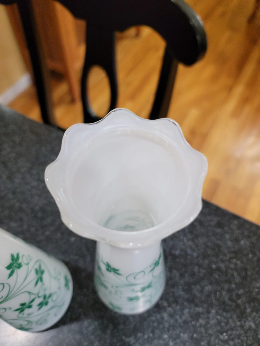 Vintage White Milk Glass Bud Vases Pair Green Floral  Scalloped Rim Glossy